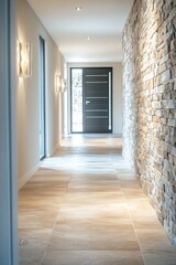 Fototapeta premium A dark hallway with a stone wall and a mysterious black door, ideal for use in horror or mystery scenes