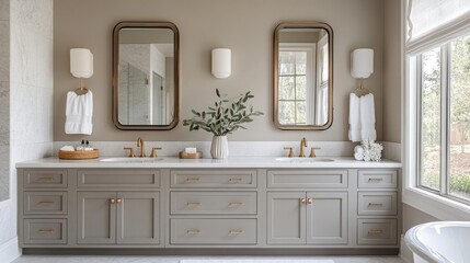 Modern Bathroom with Double Vanity and Gold Fixtures. Generative AI