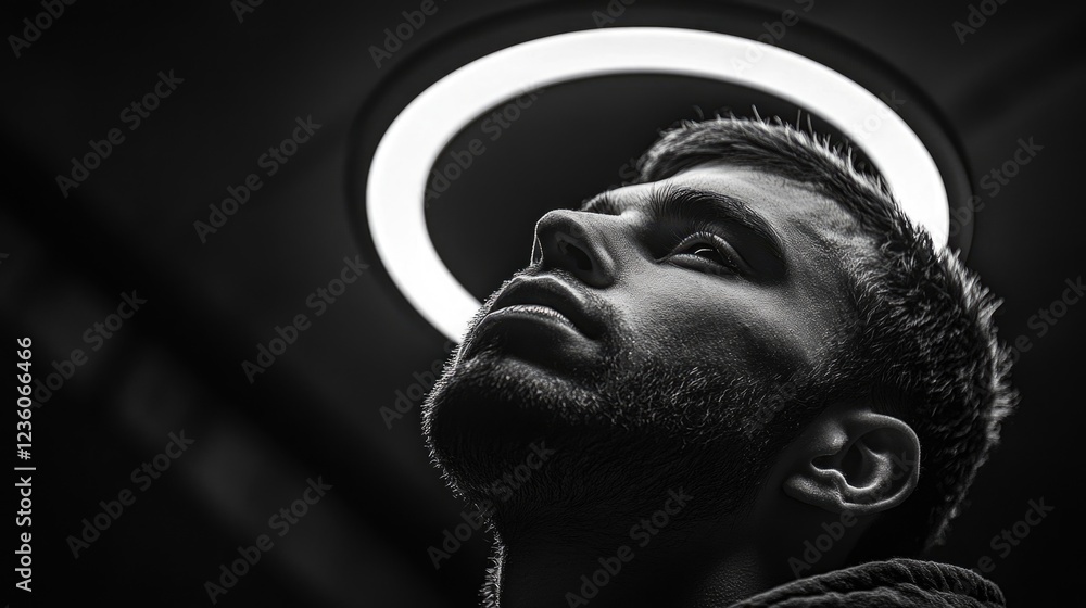 Poster A person looks upwards at a circular light source with a contemplative expression