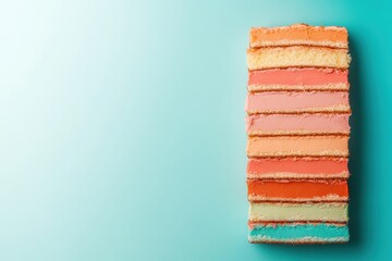 Fototapeta premium Delighting in vibrant layers of a colorful cake on a serene aqua background for an enchanting dessert experience