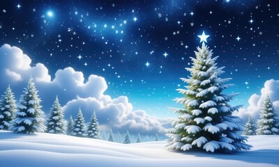 Obraz premium Enchanting winter wonderland: snowy night with starlit sky and evergreen trees