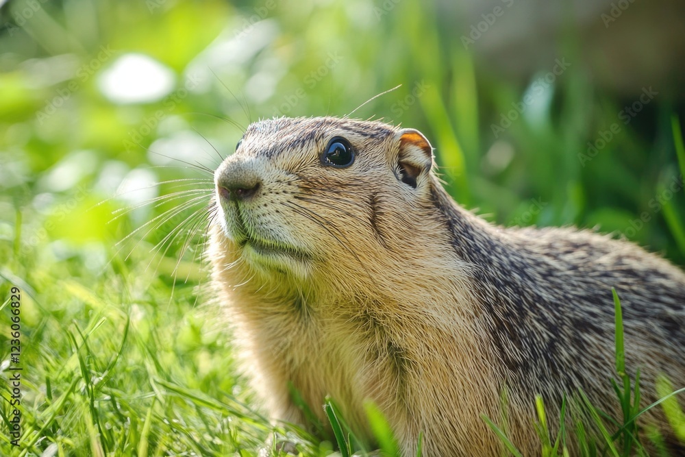 Poster a close-up image of a ground squirrel sitting upright in tall grass