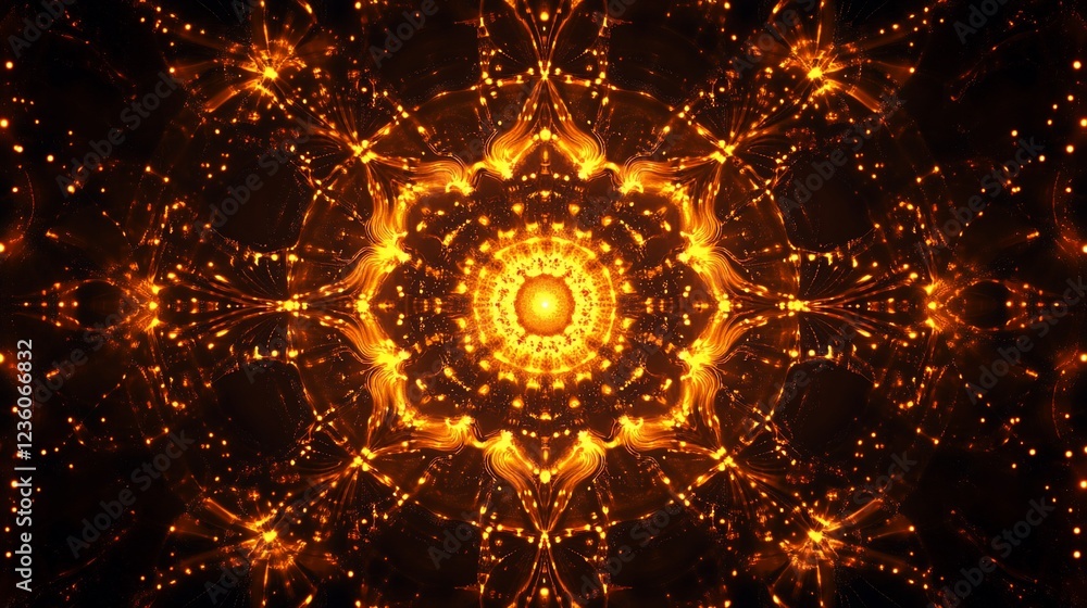 Poster abstract golden fractal pattern with radiating lines and dots on dark background