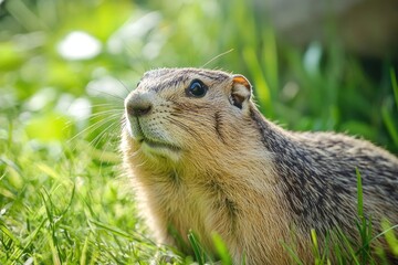 A close-up image of a ground squirrel sitting upright in tall grass