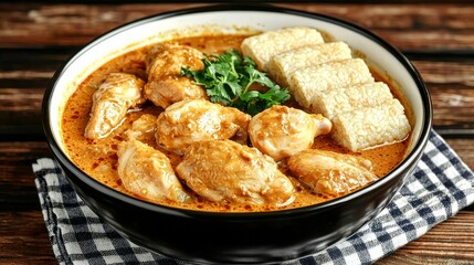 Famous Food of Indonesia concept. Delicious chicken curry served with rice cakes and garnished with fresh herbs.