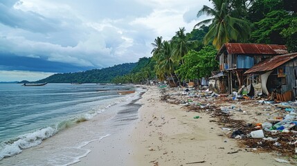 A tropical beach features abandoned shacks and debris strewn across the sand. Lush palm trees dot the landscape while the waves gently lap at the shoreline under cloudy skies