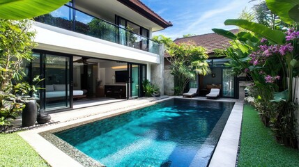 A stylish minimalist villa with a lush courtyard garden, sparkling pool, and sleek black-framed windows embracing natural light