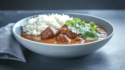 Famous Food of Indonesia concept. Delicious bowl of curry with rice and fresh herbs on a dark background.