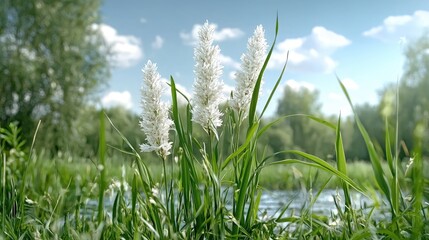 Obraz premium White flowers by river, summer day, nature background, postcard