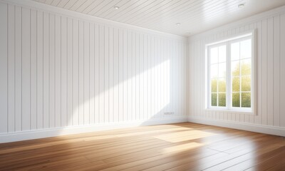 Fototapeta premium Bright sunlit minimalist room with white paneling and large window overlooking nature