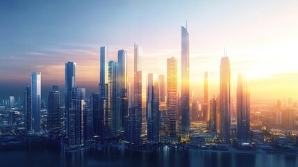 Obraz premium A futuristic cityscape at sunrise, with skyscrapers and buildings made of transparent glass reflecting the golden light of dawn. 