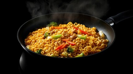 A steaming hot frying pan of yellow noodles, topped with vibrant vegetables and a rich soy-based sauce.