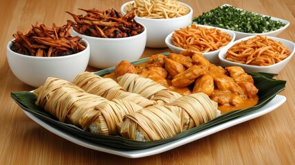 Famous Food of Indonesia concept. Platter of assorted snacks with various textures and flavors on a wooden table.