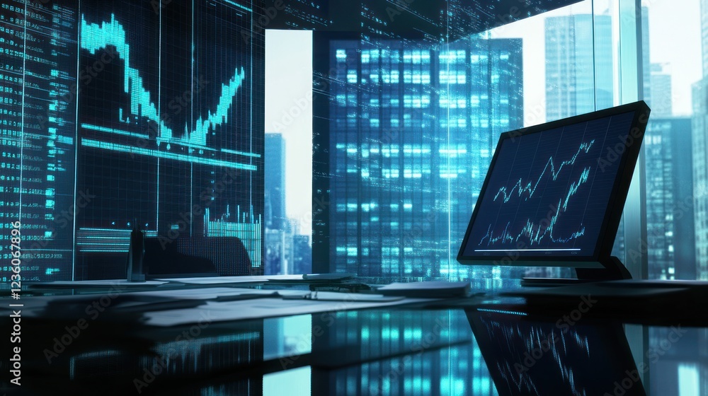 Poster financial market analysis displayed on multiple screens in a modern office setting