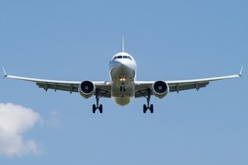 Fototapeta premium A large commercial jetliner soars through a clear blue sky, ready for landing or takeoff
