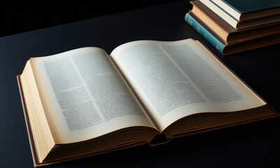 Open book on dark table with vintage stacked hardcovers for study and learning