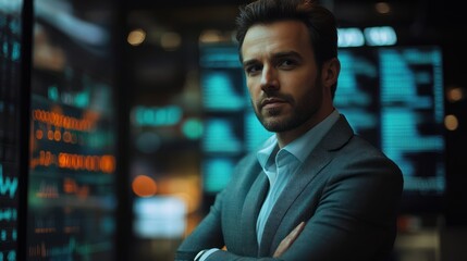 Fototapeta premium Confident trader, stock exchange, night, data, finance