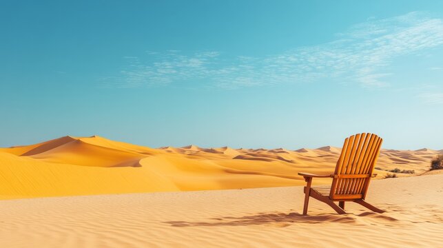 An empty chair on a sandy desert dune under a clear blue sky, with rolling dunes in the distance