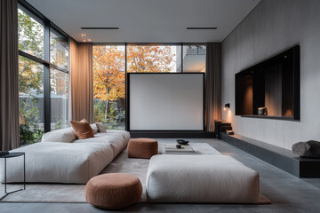 Modern living room with minimalist design and large window overlooking autumn trees