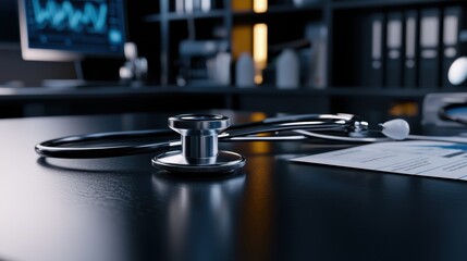 A stethoscope is placed on a dark surface in a contemporary medical office. Charts and a computer with data analysis are visible, indicating a clinical environment