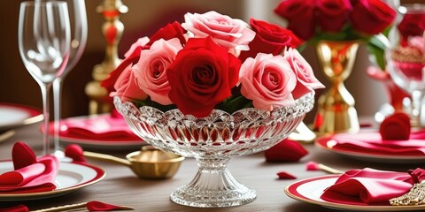 Elegant crystal vase centerpiece with red and pink roses on a luxurious dining table setting