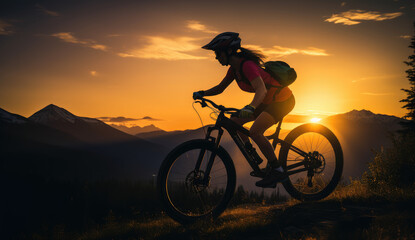 Obraz premium Mountain Biking at Sunset: A Thrilling Adventure
