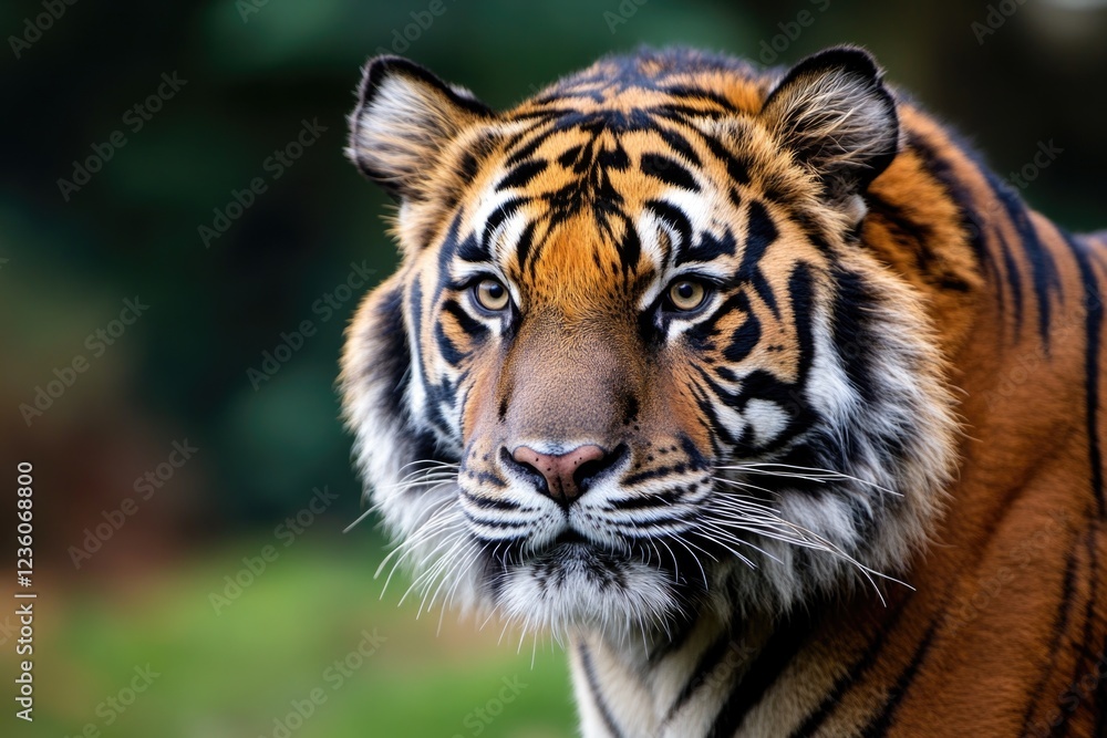 Poster a close-up photo of a tiger's face with a blurred background, ideal for use in wildlife-themed desig