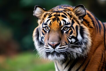 A close-up photo of a tiger's face with a blurred background, ideal for use in wildlife-themed designs or as a symbol of power and strength