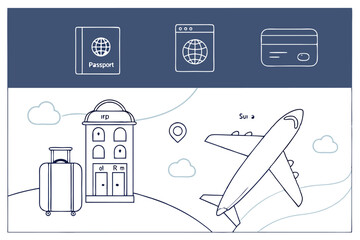 A digital drawing of a collection of 45 travel-related icons, each in a simple line art style. The icons are organized in a grid on a white background, with a dark blue header at the top and a light b
