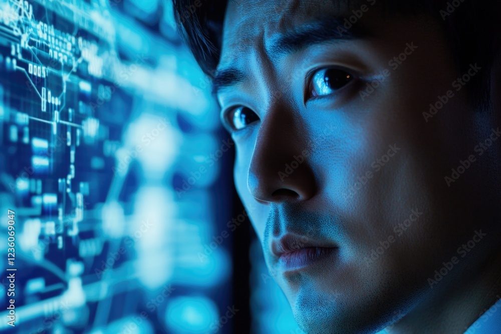 Poster man in a suit sitting in front of a computer, focused on his work