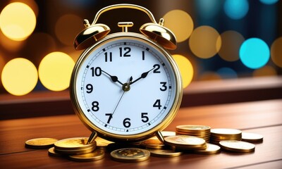 Golden alarm clock with coins on a wooden surface, symbolizing time and money value