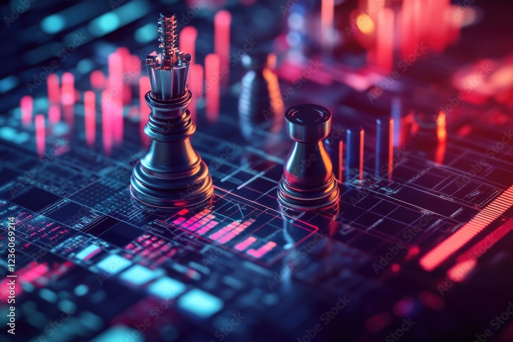 Poster a close-up view of a chess piece situated on a circuit board, suggesting a unique blend of technolog