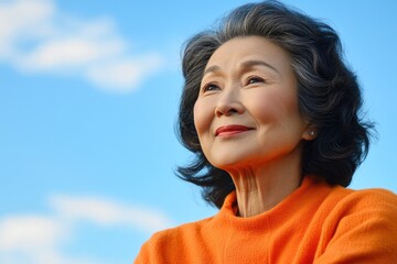 A woman in an orange sweater gazing upwards, possibly contemplating or searching for something