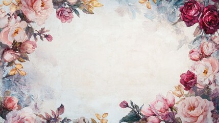 Elegant watercolor frame of blooming roses, peonies, and golden leaves surrounding a soft textured paper background, ideal for romantic messages.