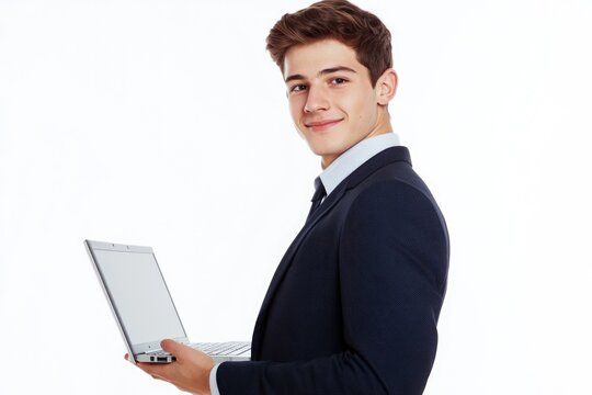 A businessman holding a laptop, ideal for office or corporate use