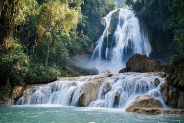 Fototapeta premium A large waterfall cascading down in a dense forest