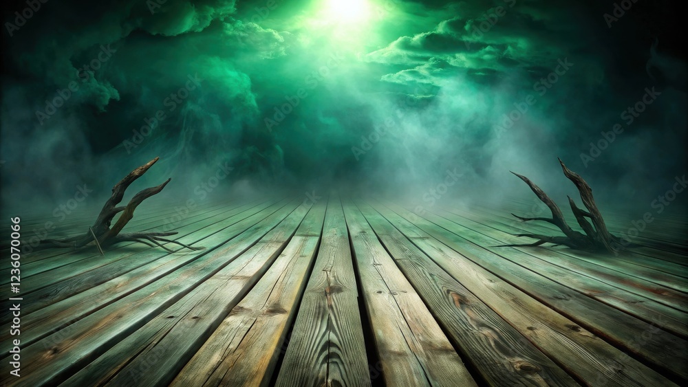 Aufkleber A wooden pathway extending into a mysterious and misty green fog with a faint light in the distance