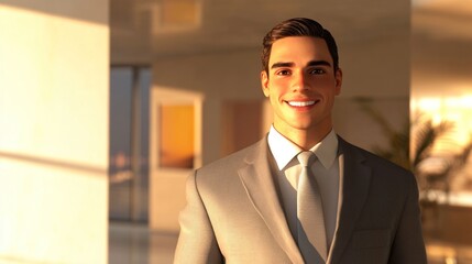 Fototapeta premium Smiling businessman, modern office, sunset, digital avatar, profile picture