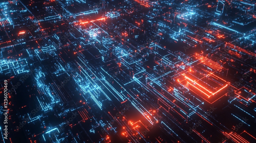 Poster abstract digital network background with interconnected glowing blue and red lines