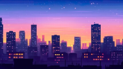 Naklejka premium Cityscape sunset, urban skyline, twilight glow, buildings illuminated, night sky. Use website banner, phone wallpaper
