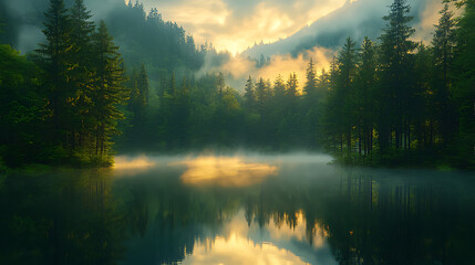 Fototapeta premium Misty sunrise over mountain lake, reflecting trees
