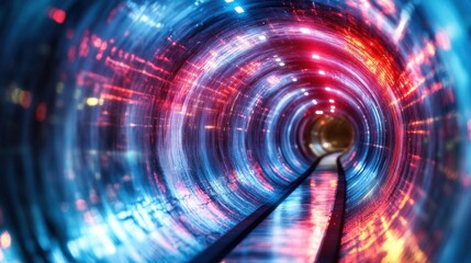 Obraz premium Illuminated tunnel, digital data stream, motion blur, futuristic background, tech concept