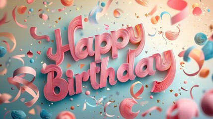 Naklejka premium 3d-illustration with Happy Birthday text in pink and blue tones, festive bright colored background 