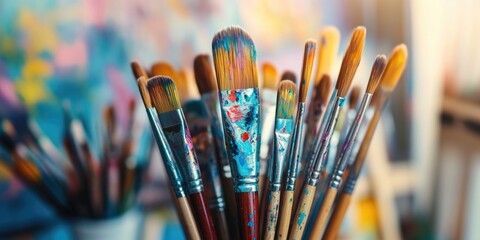 Close-up shot of various paint brushes arranged together