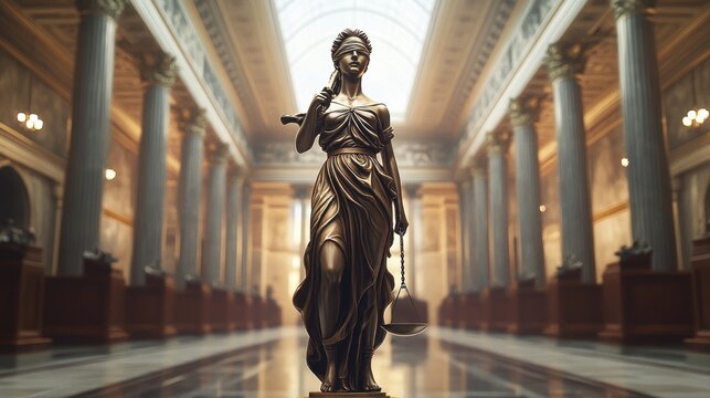 Justice statue courtroom blindfolded scales legal hall