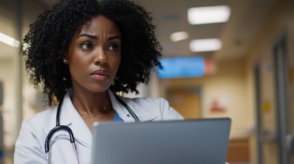 A healthcare professional with curly hair intently reviews patient information on a laptop in a hospital corridor, showcasing commitment to patient care