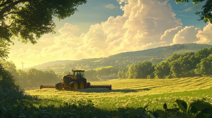 Fototapeta premium A serene landscape featuring a tractor working in a sunlit field under fluffy clouds.