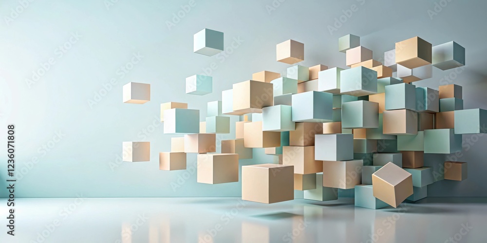 Poster a cluster of pastel-colored cubes hovers in mid-air, suspended against a soft blue backdrop, creatin