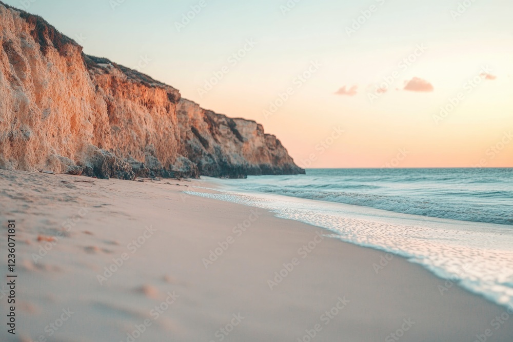 Poster a scenic view of a sandy beach with a towering cliff in the background, suitable for use in travel o