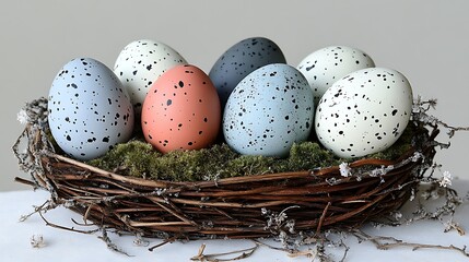 Obraz premium A vintage wicker basket filled with colorful Easter eggs resting on a patch of soft moss and wildflowers.
